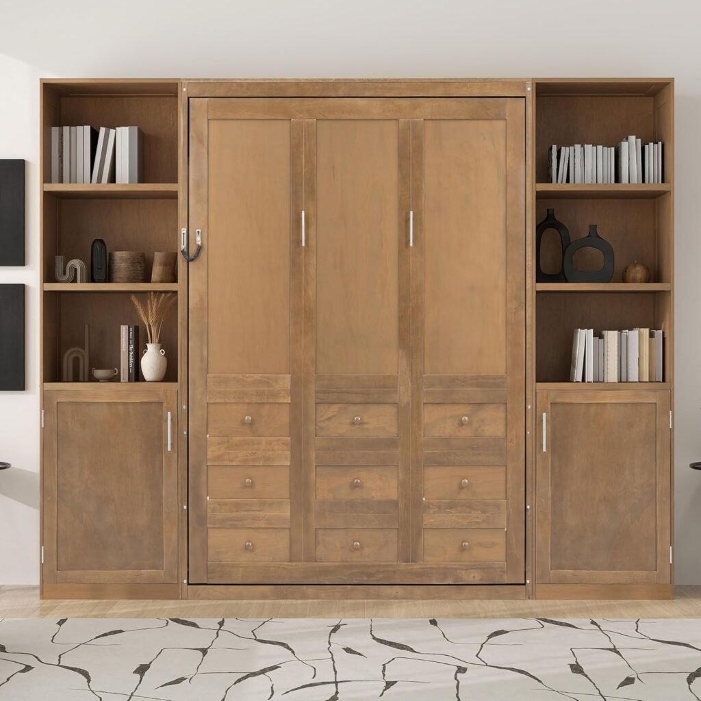 Merax Full Size Murphy Bed, Wooden Full Wall Bed with Shelves and LED Lights, Gray