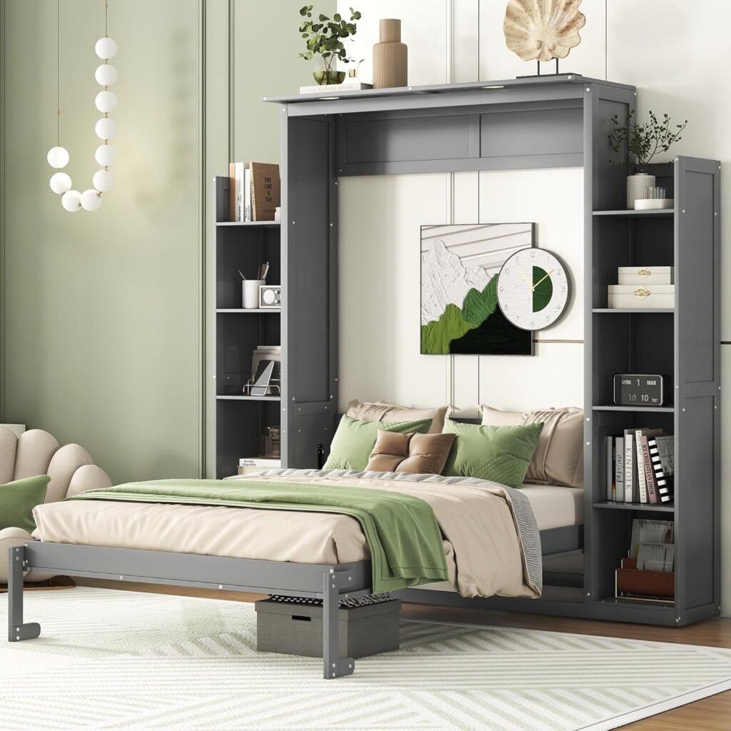 Merax Full Size Murphy Bed, Wooden Full Wall Bed with Shelves and LED Lights, Gray
