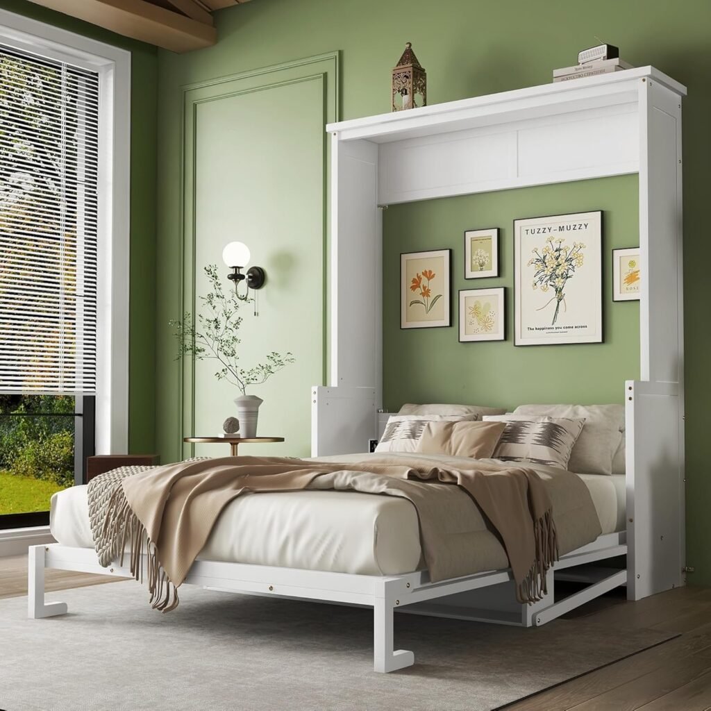 Queen Size Wood Murphy Bed, Hidden Wall Bed Frame with Desk, Solid Wood Murphy Cabinet Bed Frame with Gas Struts, No Box Spring Needed, White