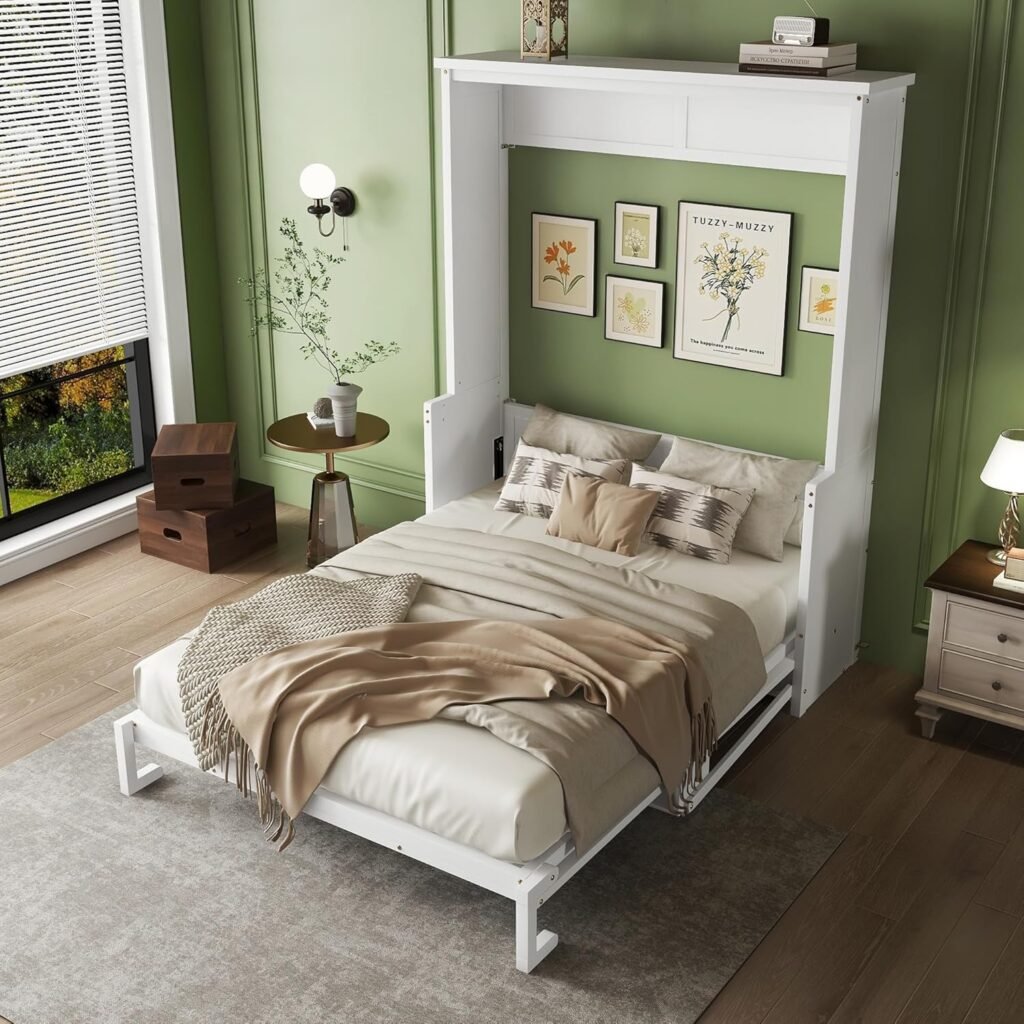 Queen Size Wood Murphy Bed, Hidden Wall Bed Frame with Desk, Solid Wood Murphy Cabinet Bed Frame with Gas Struts, No Box Spring Needed, White