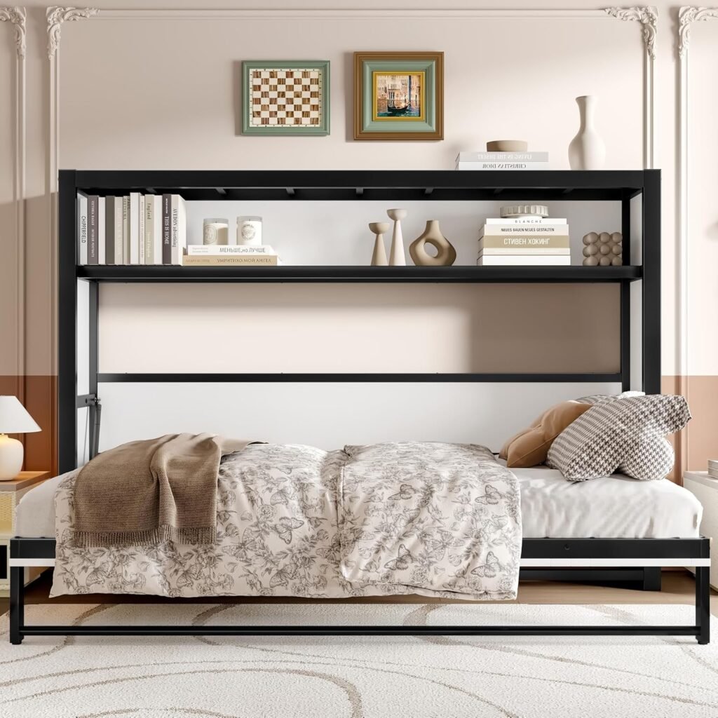 SOFTSEA Twin Size Horizontal Murphy Bed with Storage Shelves, Foldable Wall Bed Frame Heavy-Duty, Twin Murphy Bed Cabinet with Shelves for Guest Room Bedroom Office, White