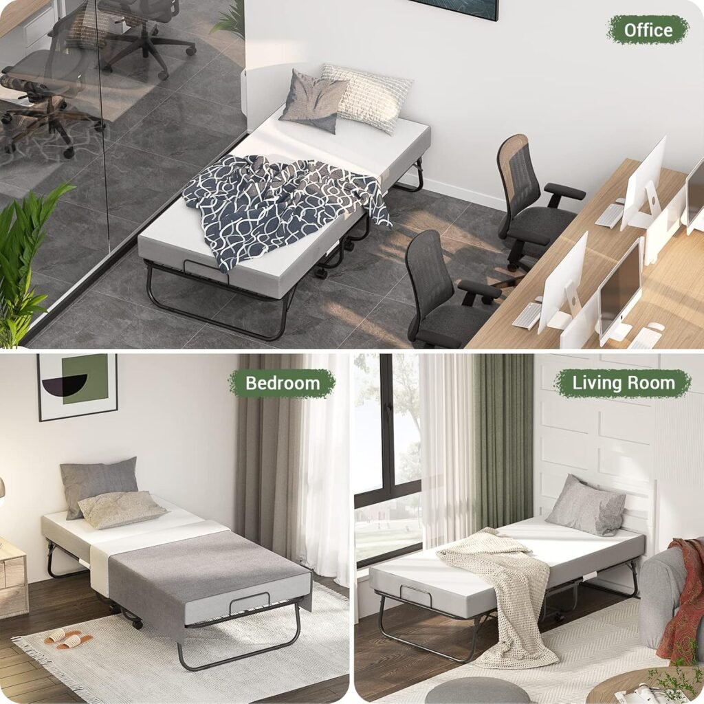 Unikito Folding Bed with Mattress for Adults, 75 x 31 Cot Size Portable Rollaway Guest Bed with Memory Foam Mattress and Metal Frame on Wheels, Space-Saving Folded Design, Storage Cover Included