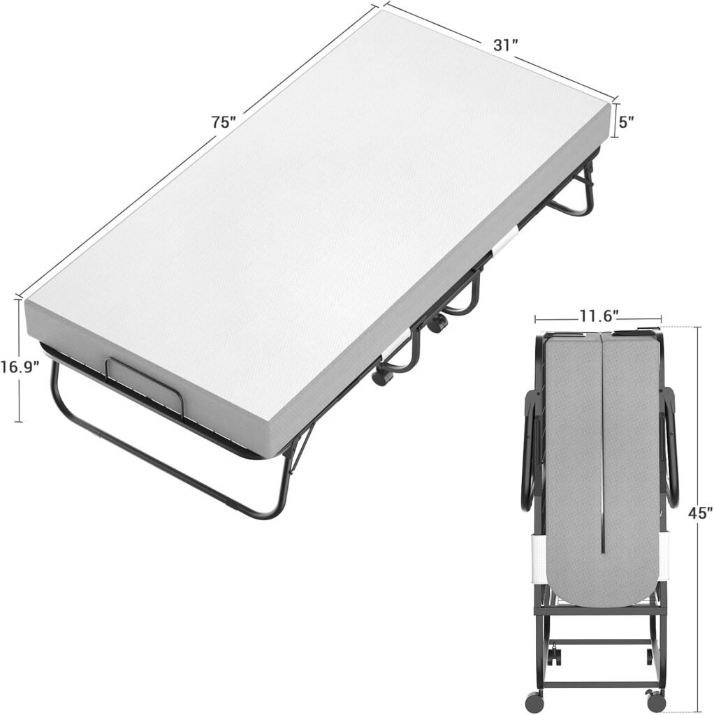Unikito Folding Bed with Mattress for Adults, 75 x 31 Cot Size Portable Rollaway Guest Bed with Memory Foam Mattress and Metal Frame on Wheels, Space-Saving Folded Design, Storage Cover Included