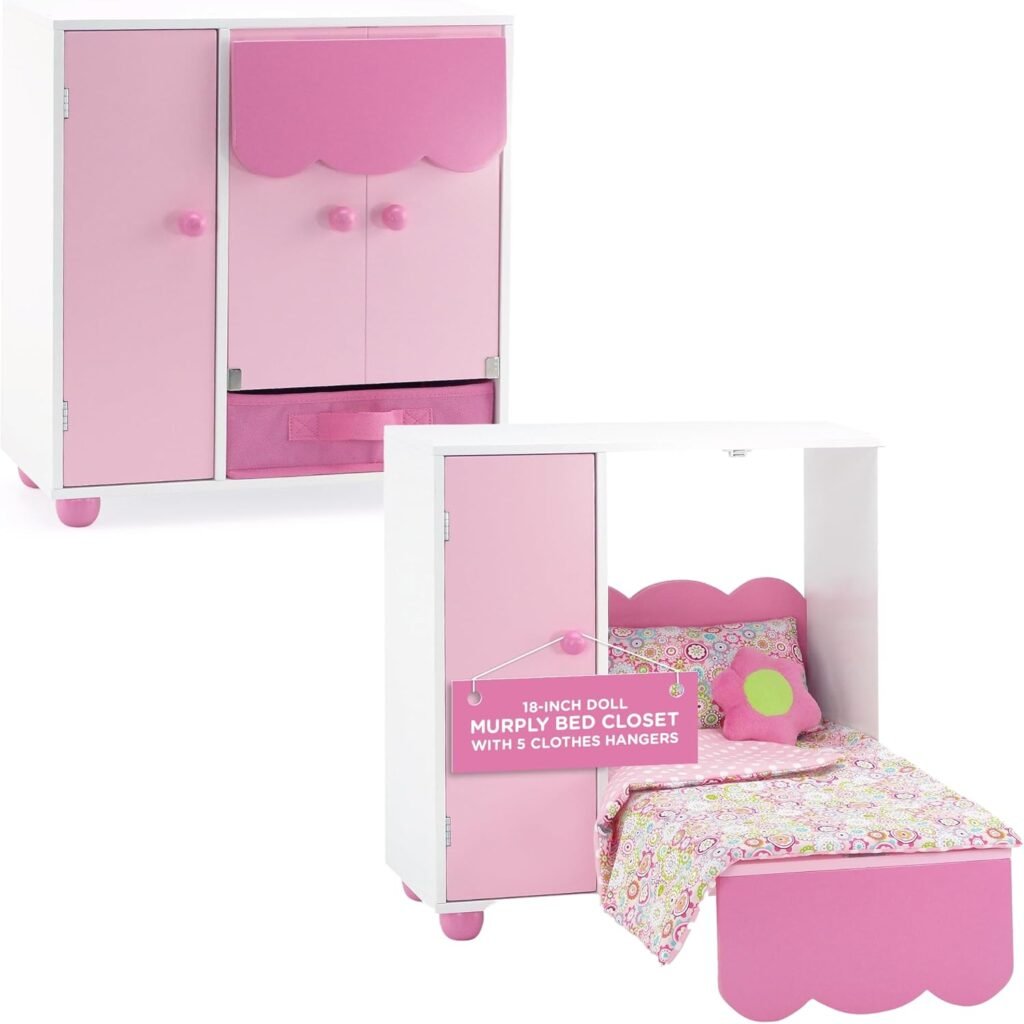 Emily Rose 18 Doll Furniture Murphy Bed  Closet Set with 5 Hangers, Storage Bin  4-Piece Bedding - Space-Saving Wooden Doll Bedroom from Trusted USA Woman-Owned Brand, Fits American Girl
