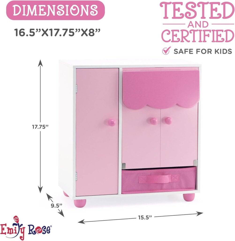 Emily Rose 18 Doll Furniture Murphy Bed  Closet Set with 5 Hangers, Storage Bin  4-Piece Bedding - Space-Saving Wooden Doll Bedroom from Trusted USA Woman-Owned Brand, Fits American Girl