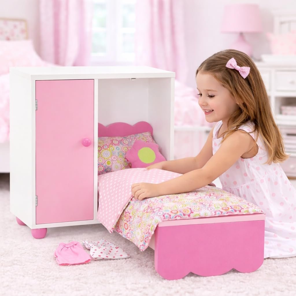 Emily Rose 18 Doll Furniture Murphy Bed  Closet Set with 5 Hangers, Storage Bin  4-Piece Bedding - Space-Saving Wooden Doll Bedroom from Trusted USA Woman-Owned Brand, Fits American Girl