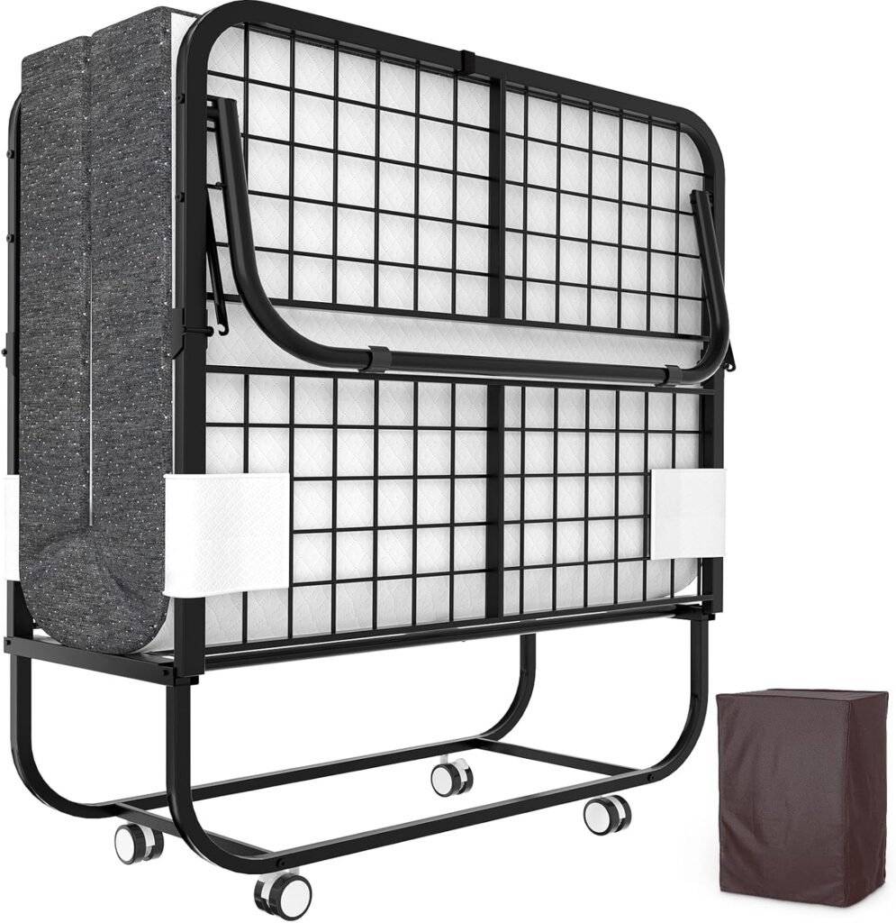 Karcog Rollaway Bed with Mattress for Adults, Folding Bed with Memory Foam Mattress and Sturdy Metal Frame, Cot Size Portable Guest Bed on Wheels with Storage Cover, 75” x 31”