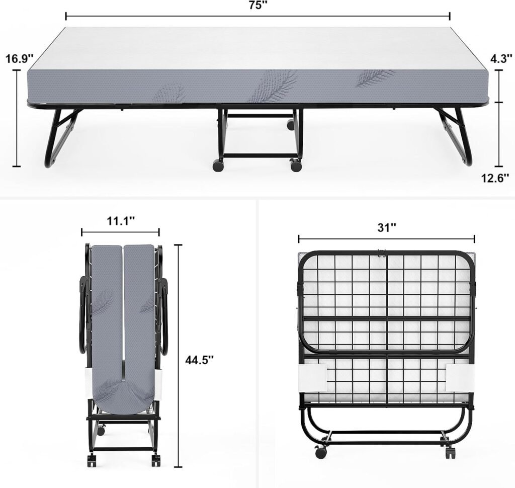 Karcog Rollaway Bed with Mattress for Adults, Folding Bed with Memory Foam Mattress and Sturdy Metal Frame, Cot Size Portable Guest Bed on Wheels with Storage Cover, 75” x 31”