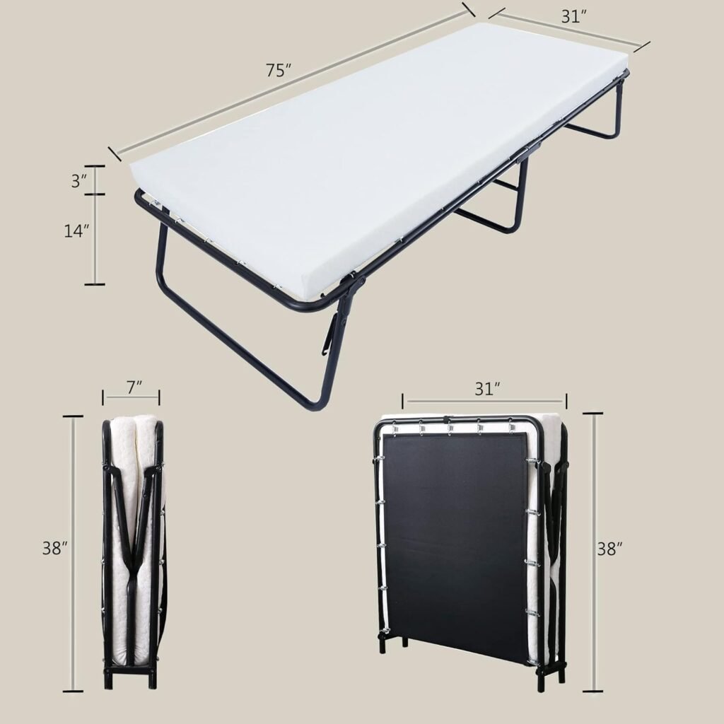 LEISUIT Foldaway Guest Bed Cot - Portable Folding Bed Frame with Thick Memory Foam Mattress for Spare Bedroom  Office