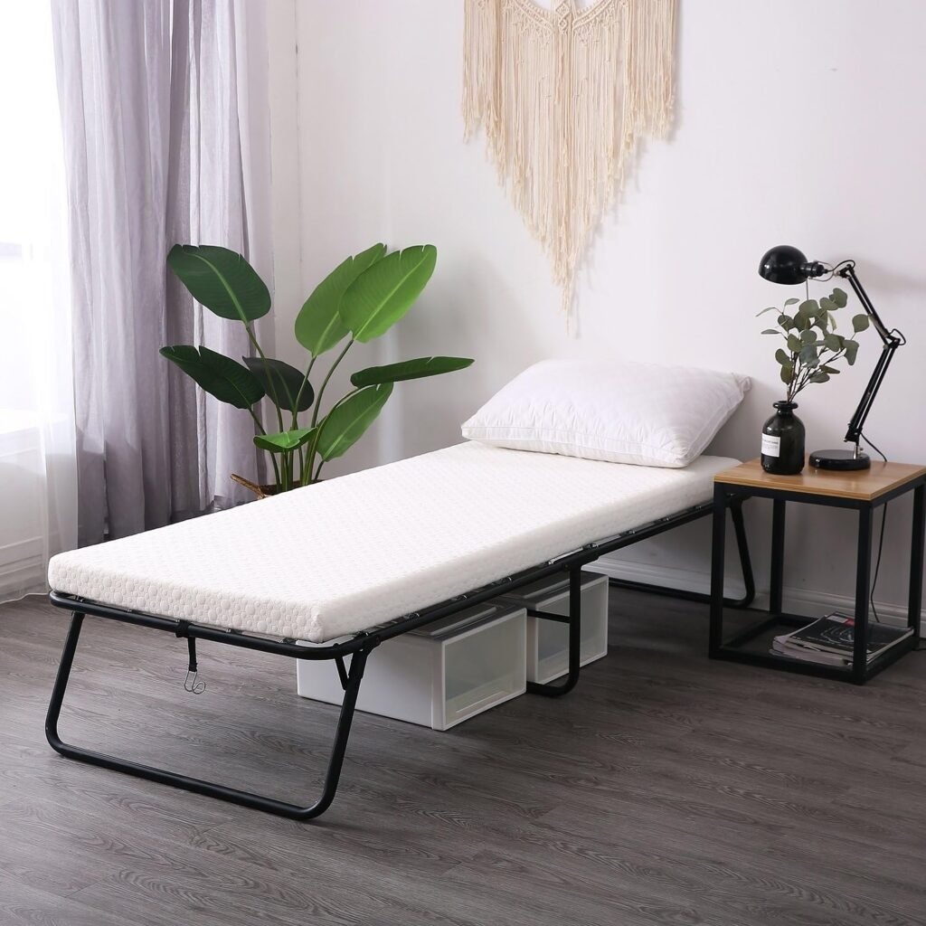 LEISUIT Foldaway Guest Bed Cot - Portable Folding Bed Frame with Thick Memory Foam Mattress for Spare Bedroom  Office