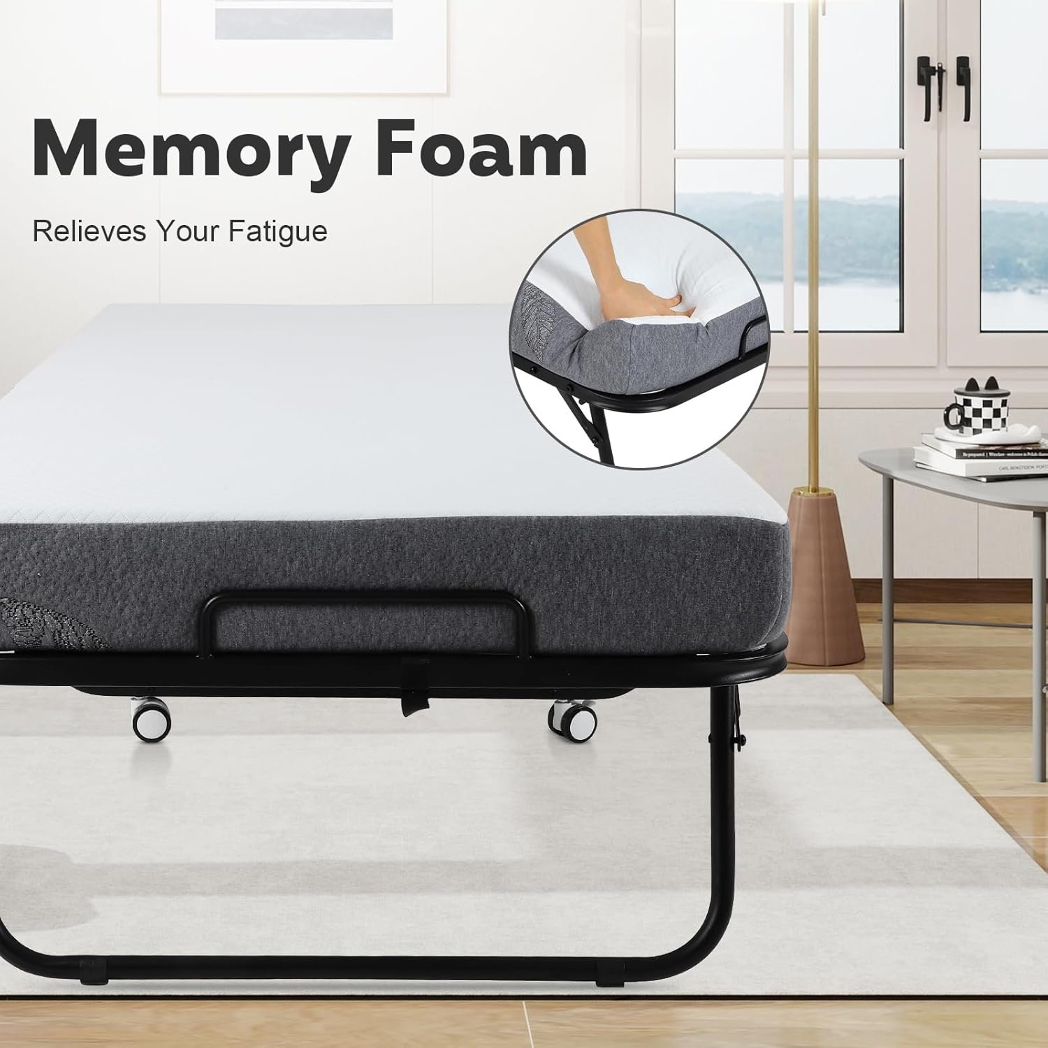 440 Lbs Load-Bearing Folding Bed with Mattress, Portable Bed for Adults with Memory Foam Mattress and Metal Frame, Guest Bed Suitable for Living Room, Office, x 31