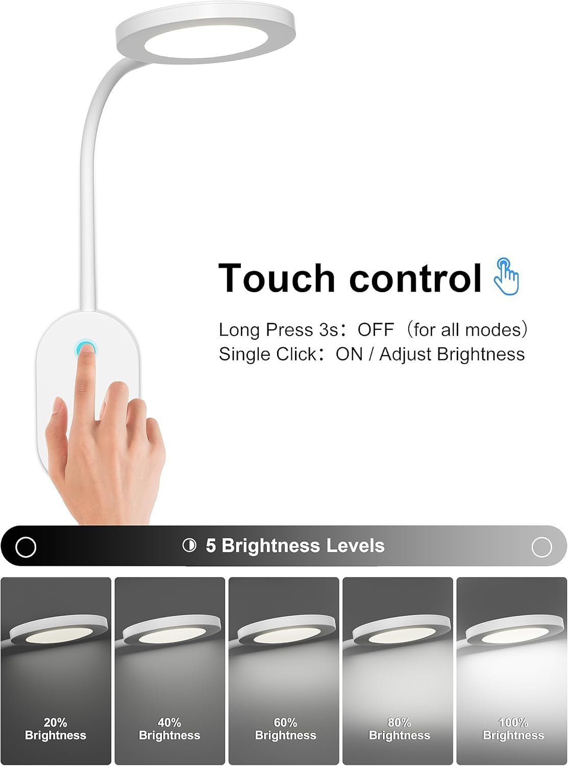 deeloop Wall Mounted Reading Light,Book Lights with USB Output, Reading Lamps for Bed Headboard in Hours Auto-Off, Touch Control Wall Lamp with Dimmable Flexible Head Rotation Bedside Lamps White
