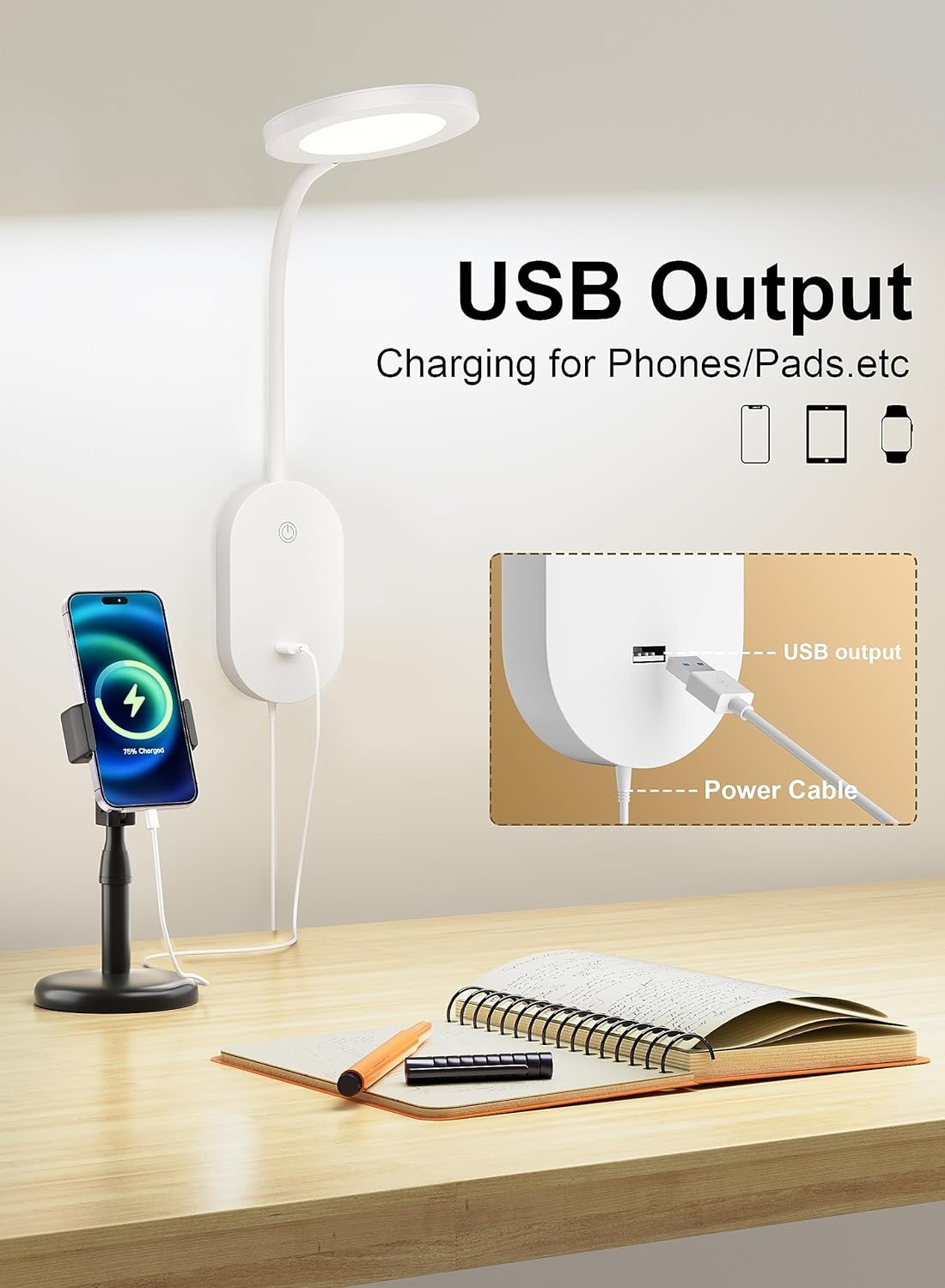 deeloop Wall Mounted Reading Light,Book Lights with USB Output, Reading Lamps for Bed Headboard in Hours Auto-Off, Touch Control Wall Lamp with Dimmable Flexible Head Rotation Bedside Lamps White