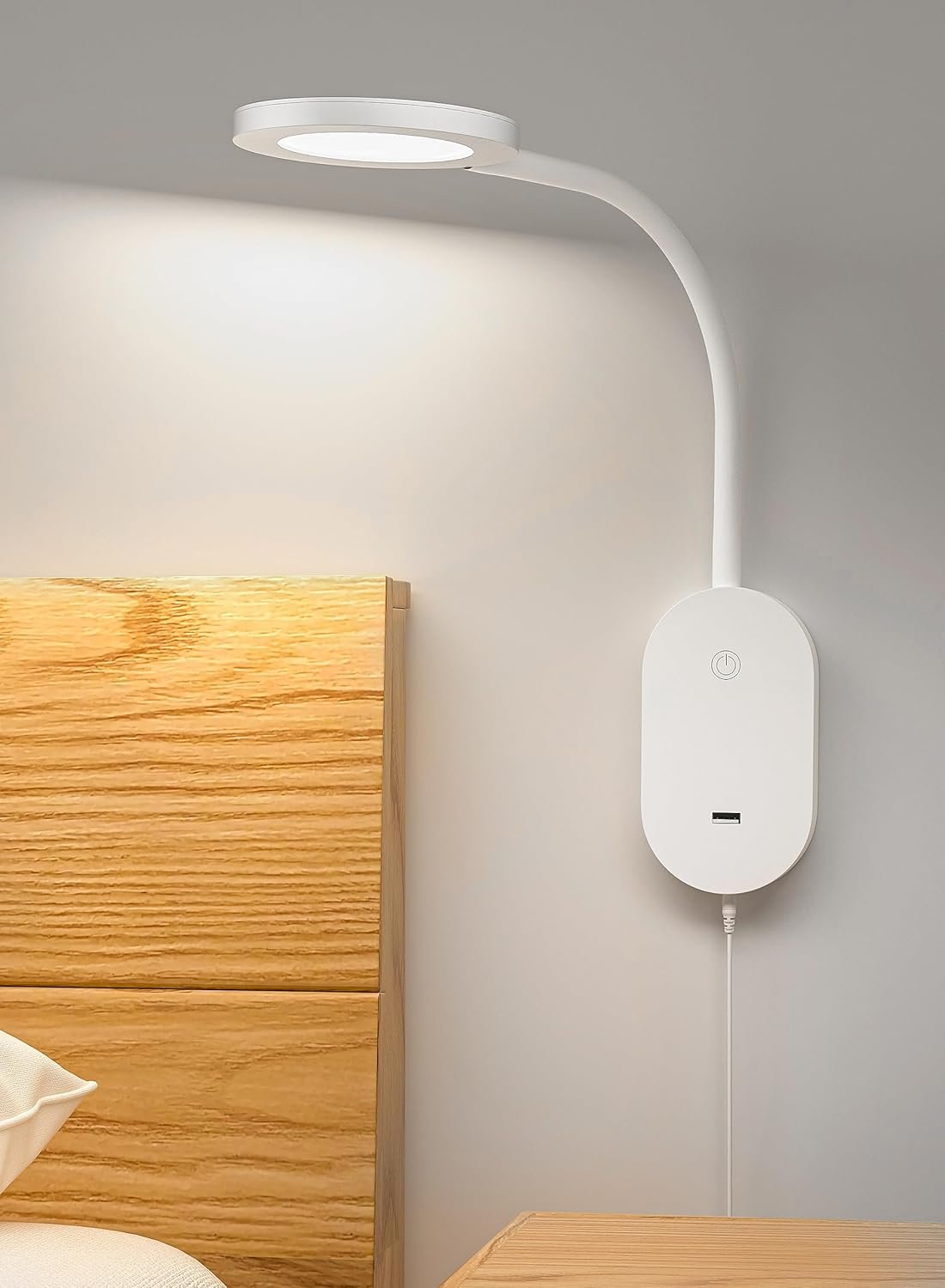 deeloop Wall Mounted Reading Light,Book Lights with USB Output, Reading Lamps for Bed Headboard in Hours Auto-Off, Touch Control Wall Lamp with Dimmable Flexible Head Rotation Bedside Lamps White