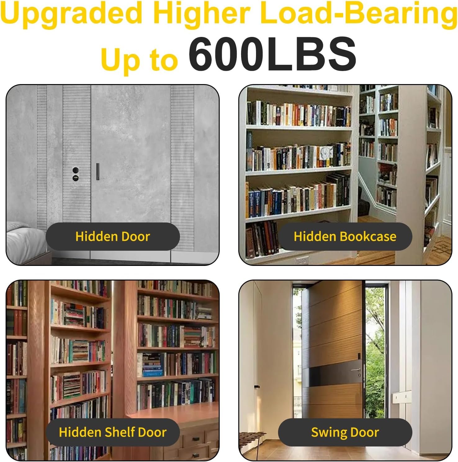 Heavy Duty Hidden Door Hinge - 600LB Load Bearing, 360° Swinging Pivot Hinge for Secret Doors, Murphy Bed, Bookcase Cabinet - Solid Stainless Steel with Hardware Kit (Black, Pack) Heavy Duty Hidden Door Hinge - 600LB Load Bearing, 360° Swinging Pivot Hinge for Secret Doors, Murphy Bed, Bookcase Cabinet - Solid Stainless Steel with Hardware Kit (Black, Pack)