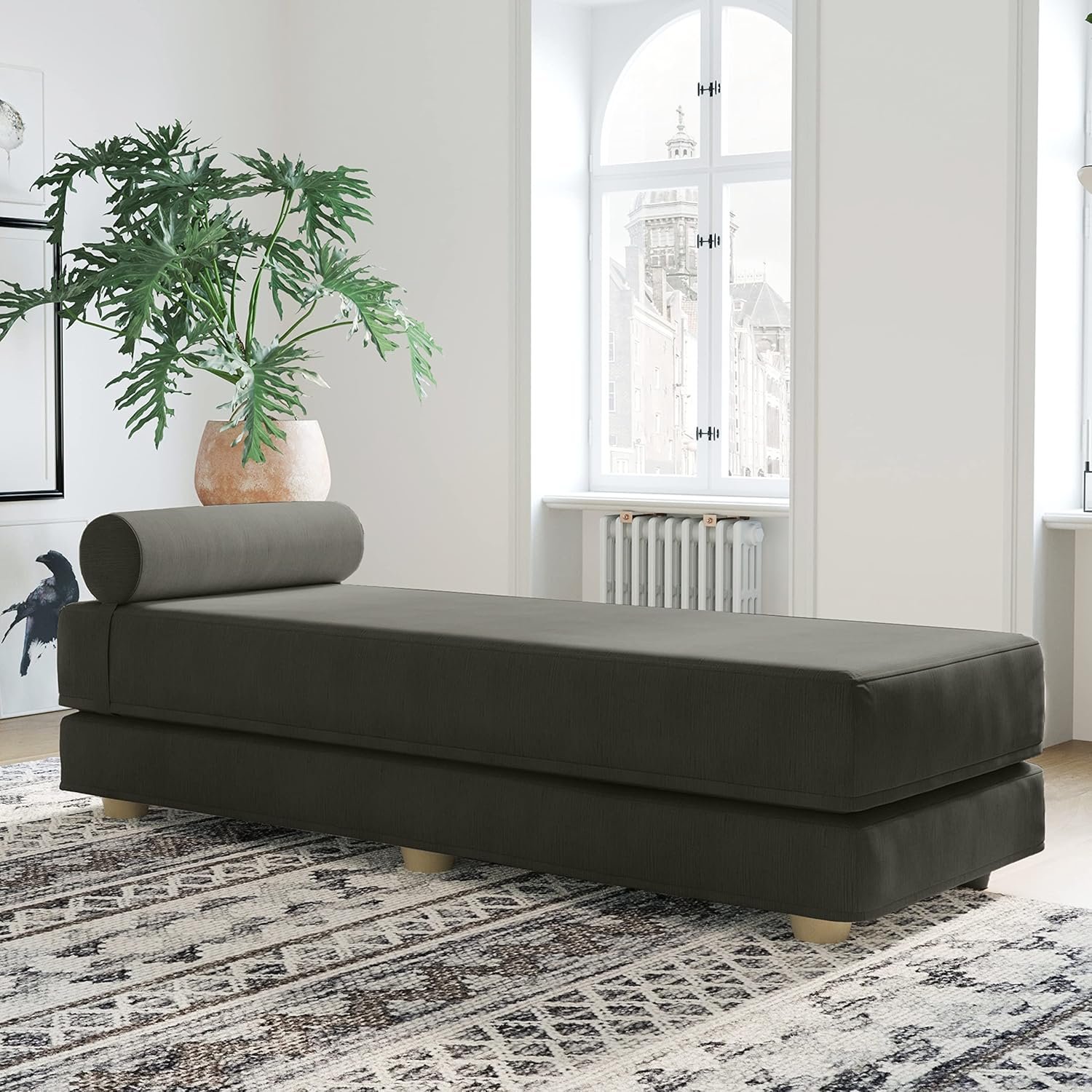 Jaxx Alon Daybed - Fold-Out Sleeper Chaise with Premium Memory Foam Queen-Size Mattress - Made in the USA - Ice