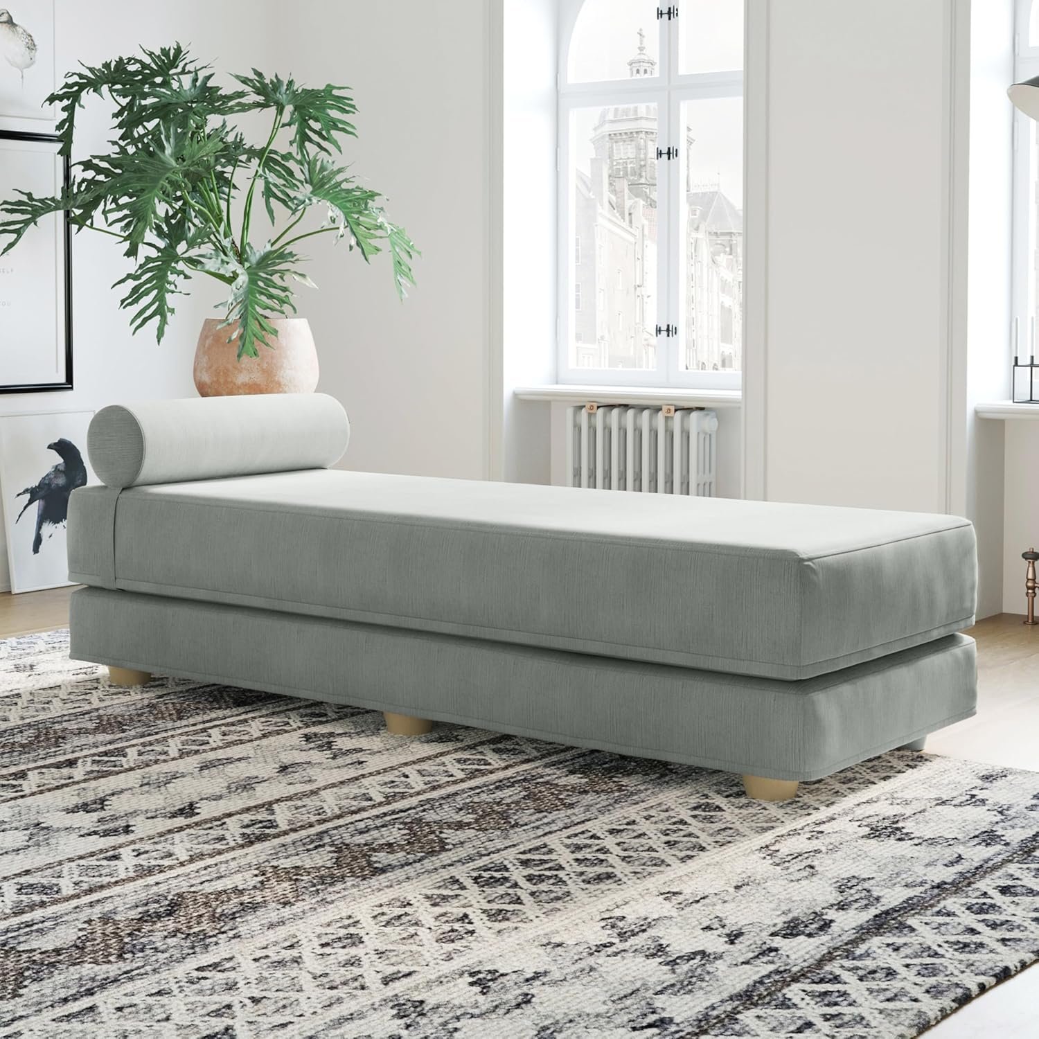 Jaxx Alon Daybed - Fold-Out Sleeper Chaise with Premium Memory Foam Queen-Size Mattress - Made in the USA - Ice