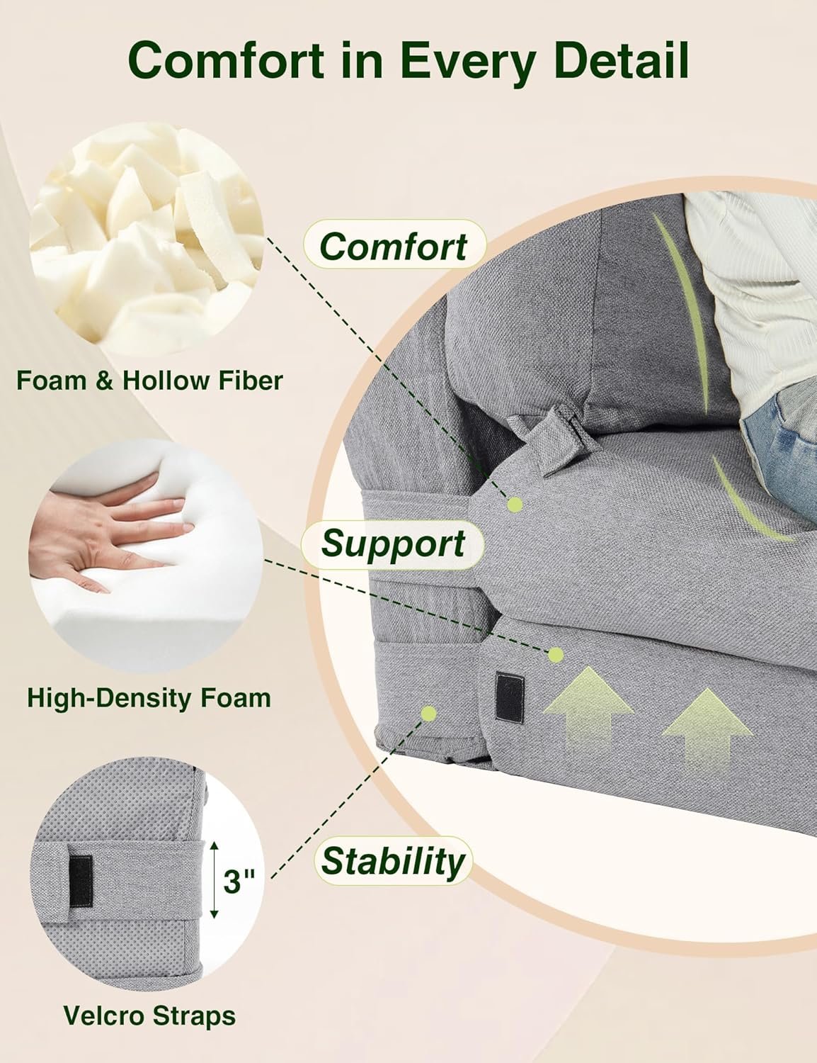 ZonLi Folding Sofa Bed,Convertible Folding Mattress Sleeper Chair,Memory Foam Futon Sofa Couch with Washable Cover,for Living Room,Dorm,Guest Room,Home Office,Loft, Apartment (Grey,Single)