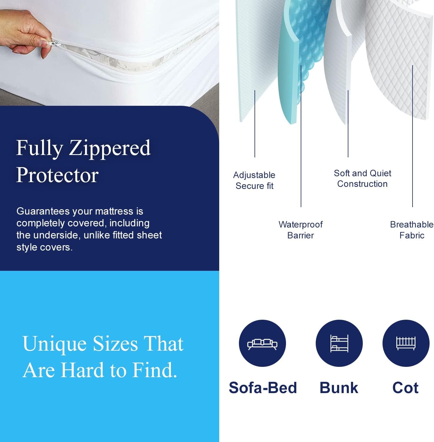 Allersoft| Queen Sleeper Sofa Mattress Cover with Secure Locking Zipper. Creates a Natural Seal On All Sides of Your Pull-Out Sofa Mattress from Liquids, Dust, Pet Dander, Pollen-60x72 (Fits 4-7 Deep)