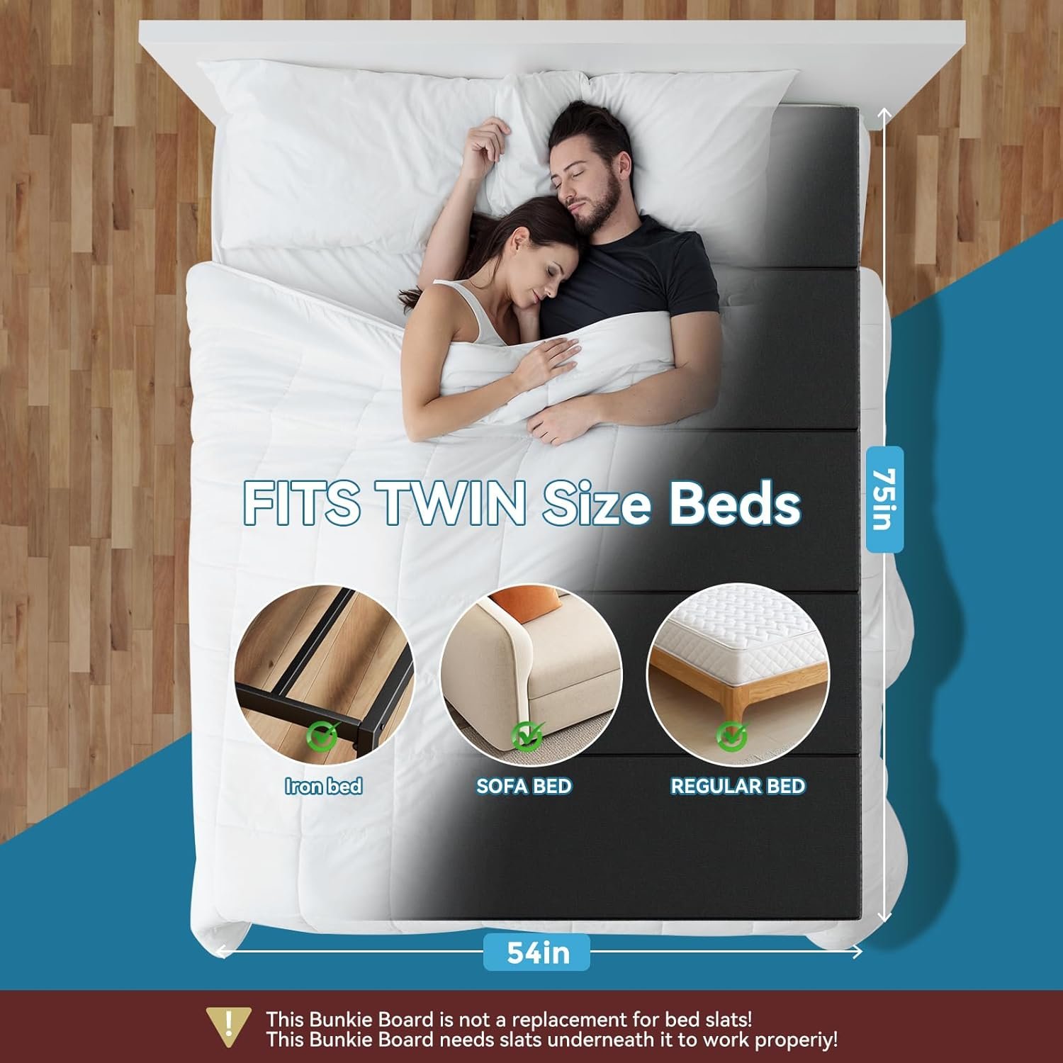 Bunkie Board Twin Size 38x75 Bed Boards for Under Mattress - Heavy Duty Reinforced Wood Support Board with Anti-Sag Design, Fits Metal Frames/Platform Beds/Sleeper Sofas