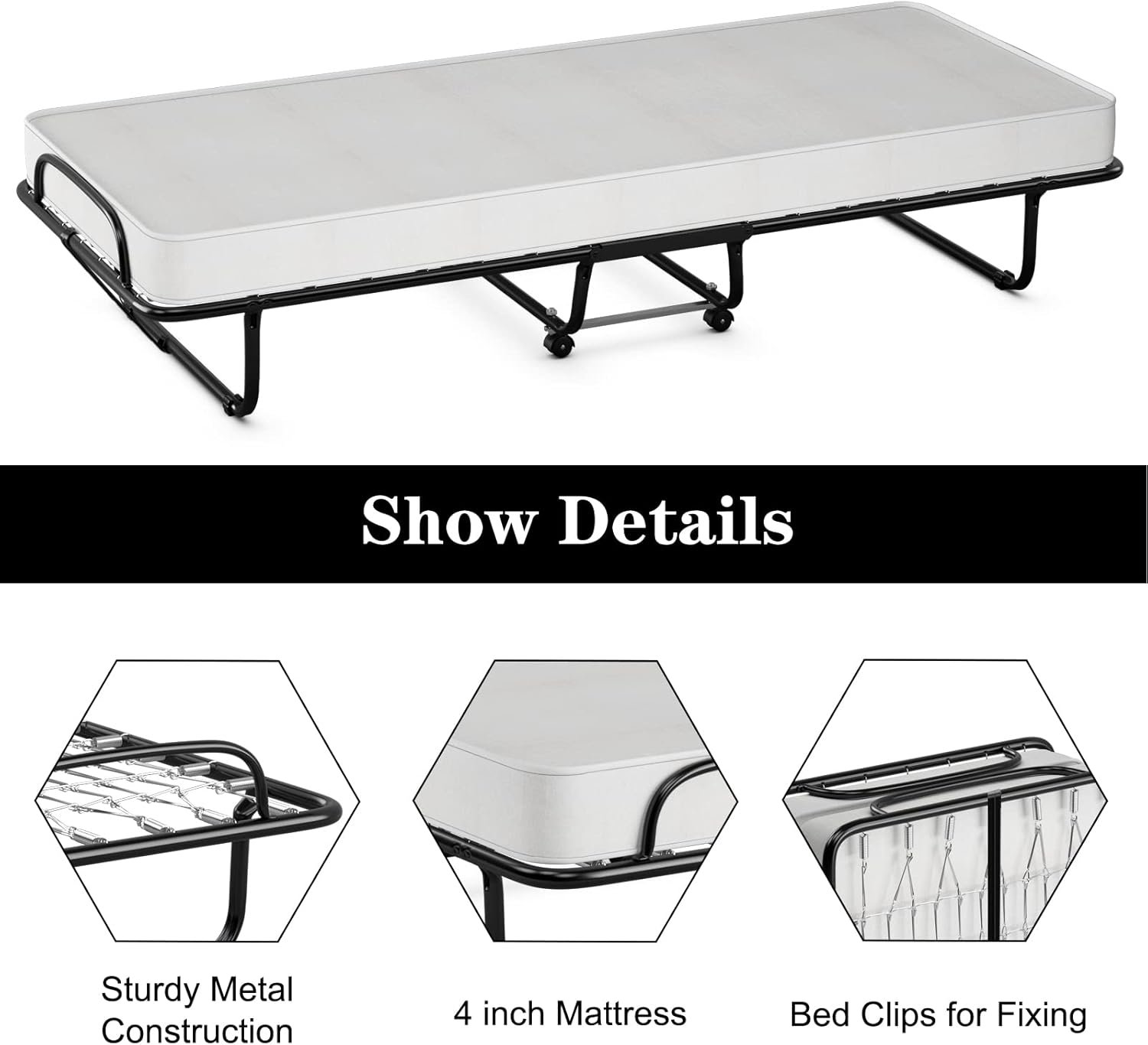 Giantex Folding Bed with Mattress for Adults, Fold up Bed with Memory Foam Mattress  Metal Frame on Wheels, Cot Size Roll Away Adult Bed, Foldable Portable Guest Bed for Easy Storage, Made in Italy