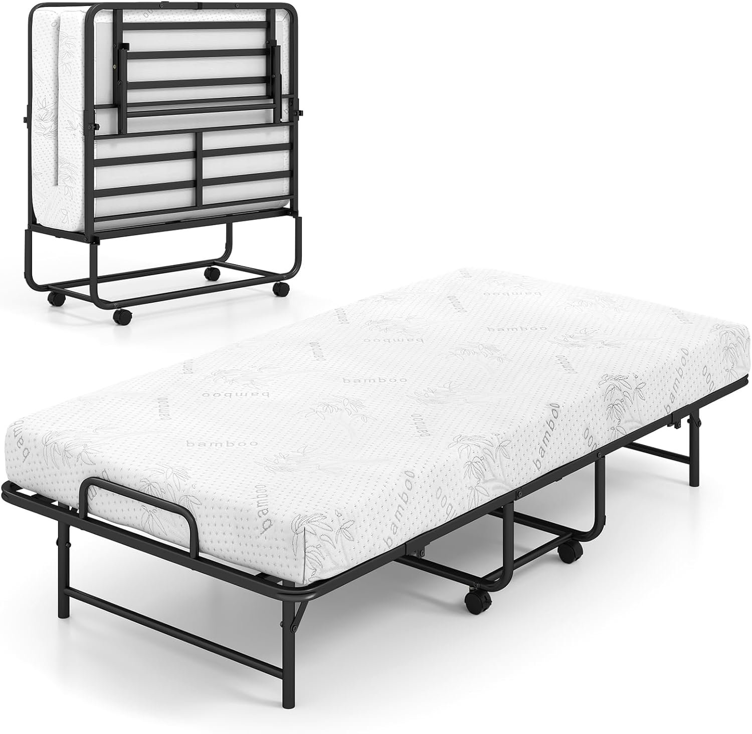 KOMFOTT Folding Bed with Mattress, x Cot Size Rolling Guest Bed with Sturdy Metal Frame Gel Memory Foam, Space Saving Portable Fold up Bed with Lockable Wheels for Adults KOMFOTT Folding Bed with Mattress, x Cot Size Rolling Guest Bed with Sturdy Metal Frame Gel Memory Foam, Space Saving Portable Fold up Bed with Lockable Wheels for Adults