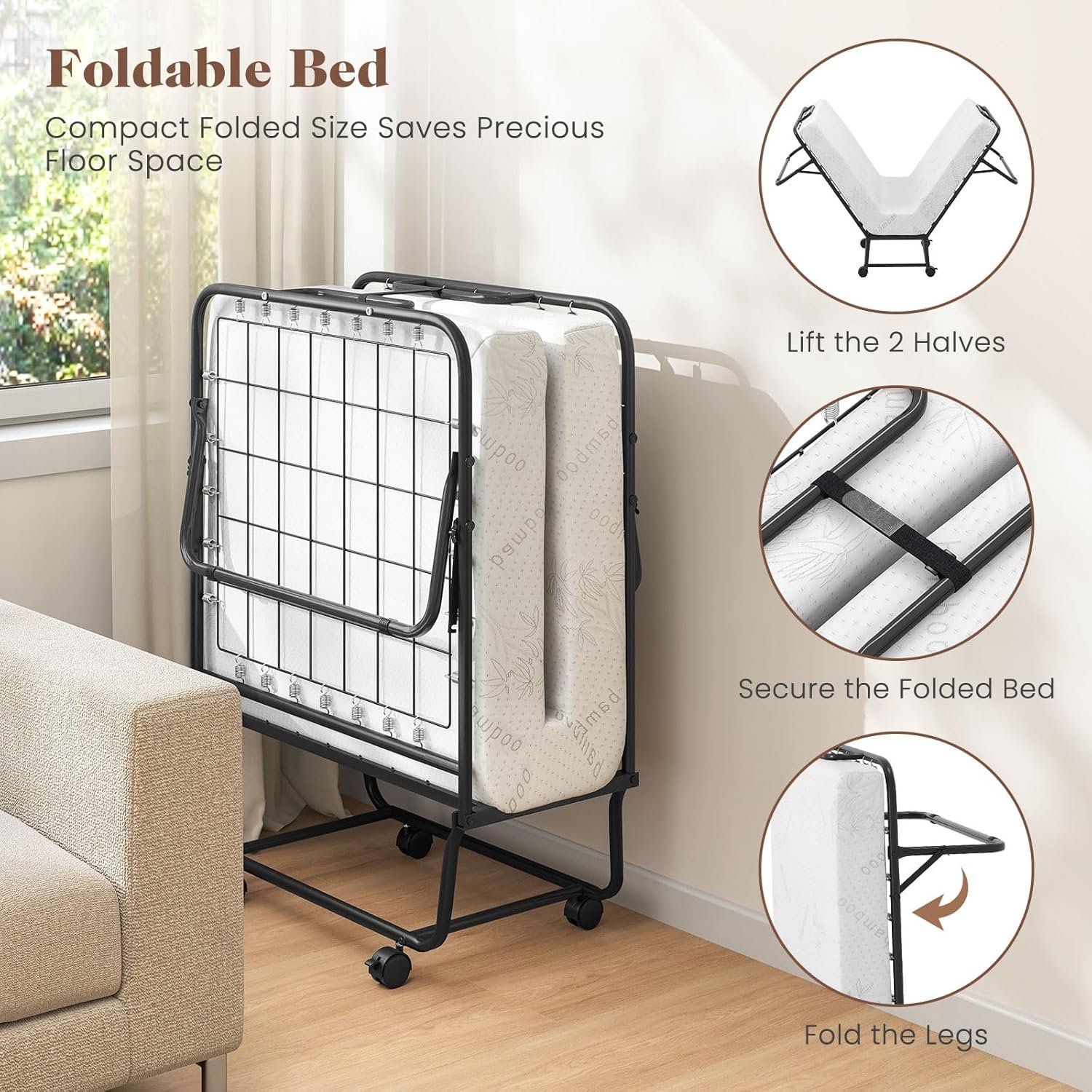 KOMFOTT Folding Bed with Mattress, x Cot Size Rolling Guest Bed with Sturdy Metal Frame Gel Memory Foam, Space Saving Portable Fold up Bed with Lockable Wheels for Adults KOMFOTT Folding Bed with Mattress, x Cot Size Rolling Guest Bed with Sturdy Metal Frame Gel Memory Foam, Space Saving Portable Fold up Bed with Lockable Wheels for Adults