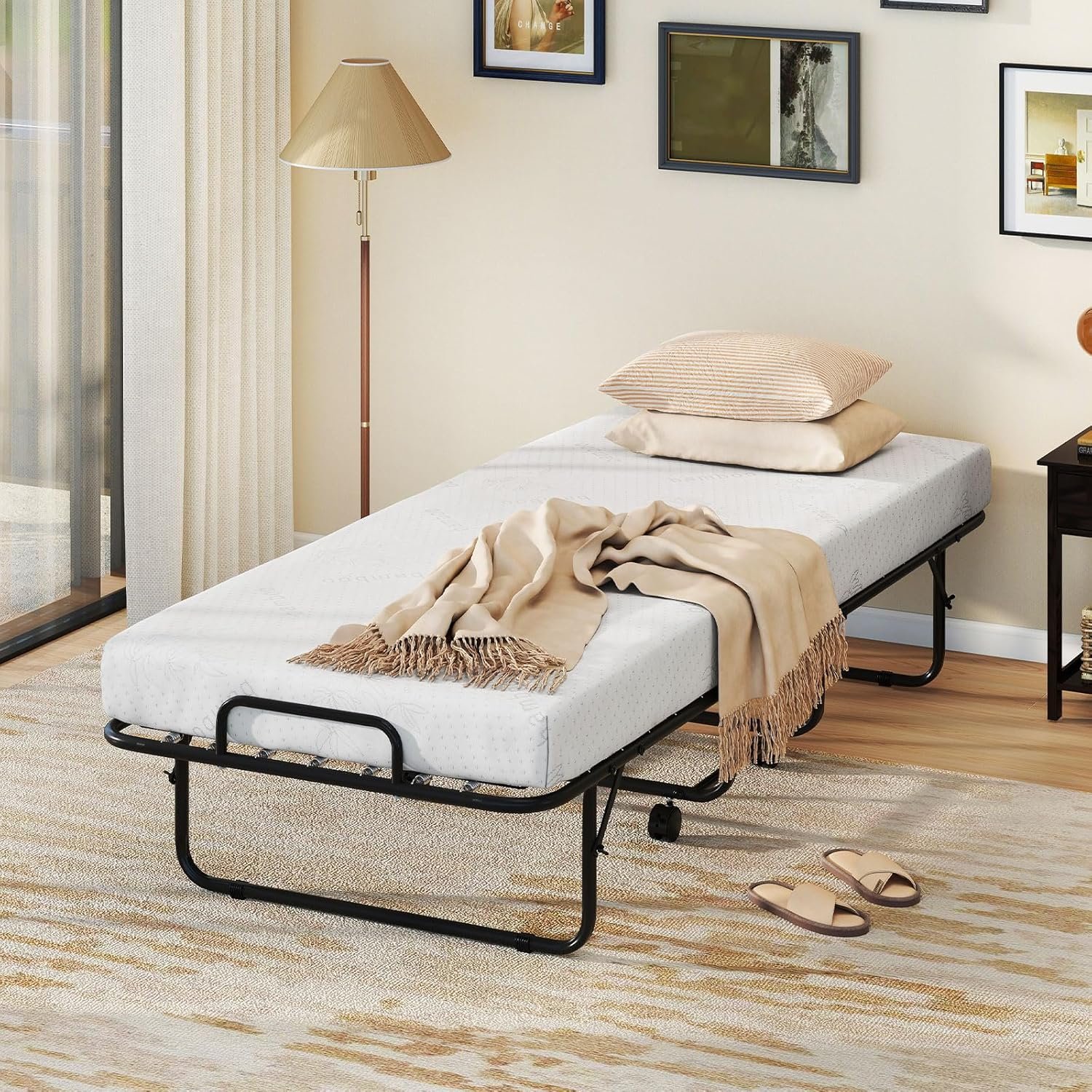 KOMFOTT Folding Bed with Mattress, x Cot Size Rolling Guest Bed with Sturdy Metal Frame Gel Memory Foam, Space Saving Portable Fold up Bed with Lockable Wheels for Adults KOMFOTT Folding Bed with Mattress, x Cot Size Rolling Guest Bed with Sturdy Metal Frame Gel Memory Foam, Space Saving Portable Fold up Bed with Lockable Wheels for Adults