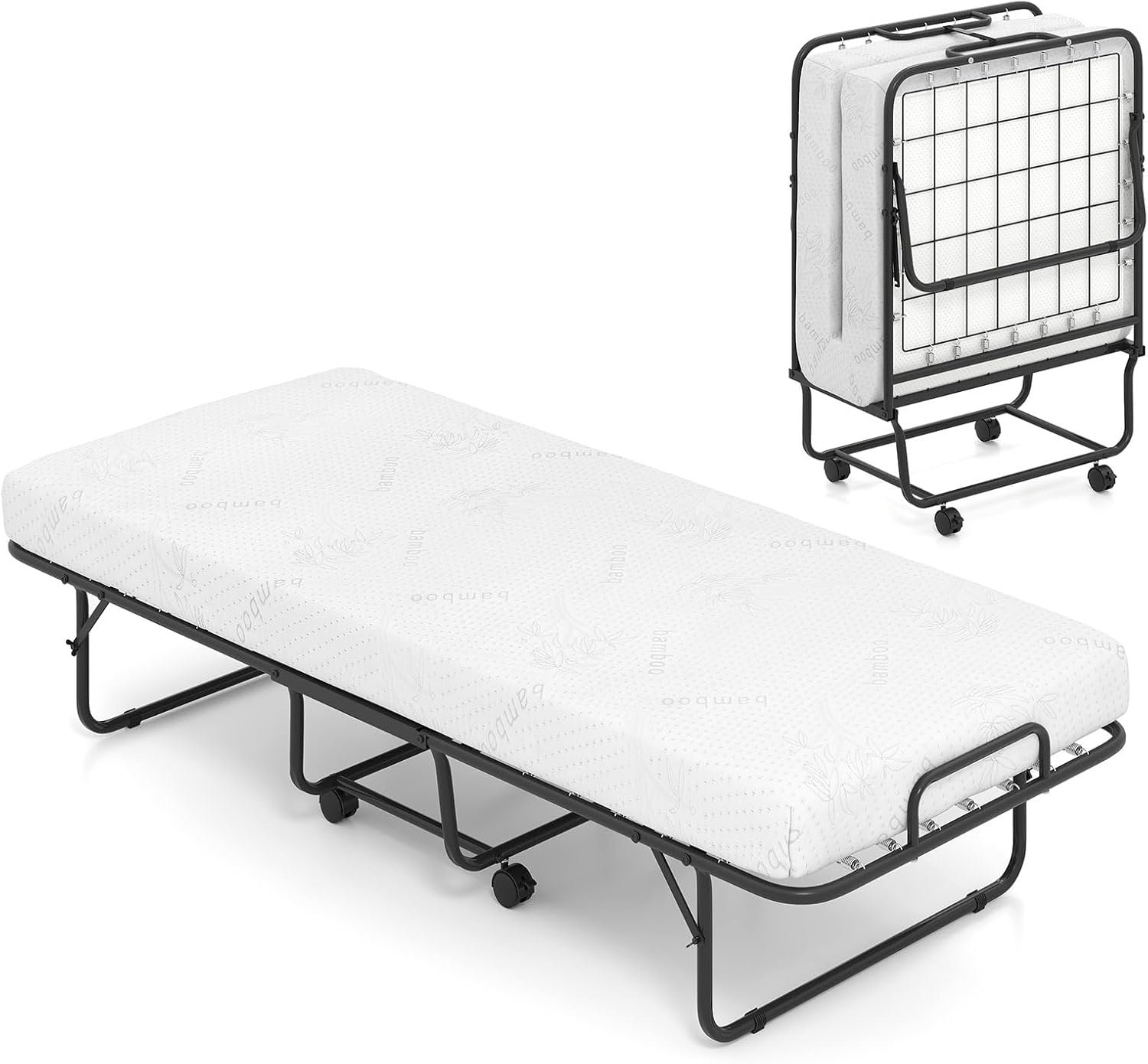 KOMFOTT Folding Bed with Mattress, x Cot Size Rolling Guest Bed with Sturdy Metal Frame Gel Memory Foam, Space Saving Portable Fold up Bed with Lockable Wheels for Adults KOMFOTT Folding Bed with Mattress, x Cot Size Rolling Guest Bed with Sturdy Metal Frame Gel Memory Foam, Space Saving Portable Fold up Bed with Lockable Wheels for Adults