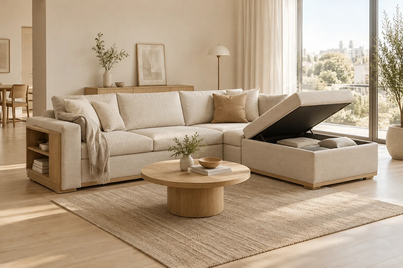 Create a photorealistic editorial image of one elegant, apartment-ready modular sofa that transforms into a compact storage unit, shown in a bright mo...