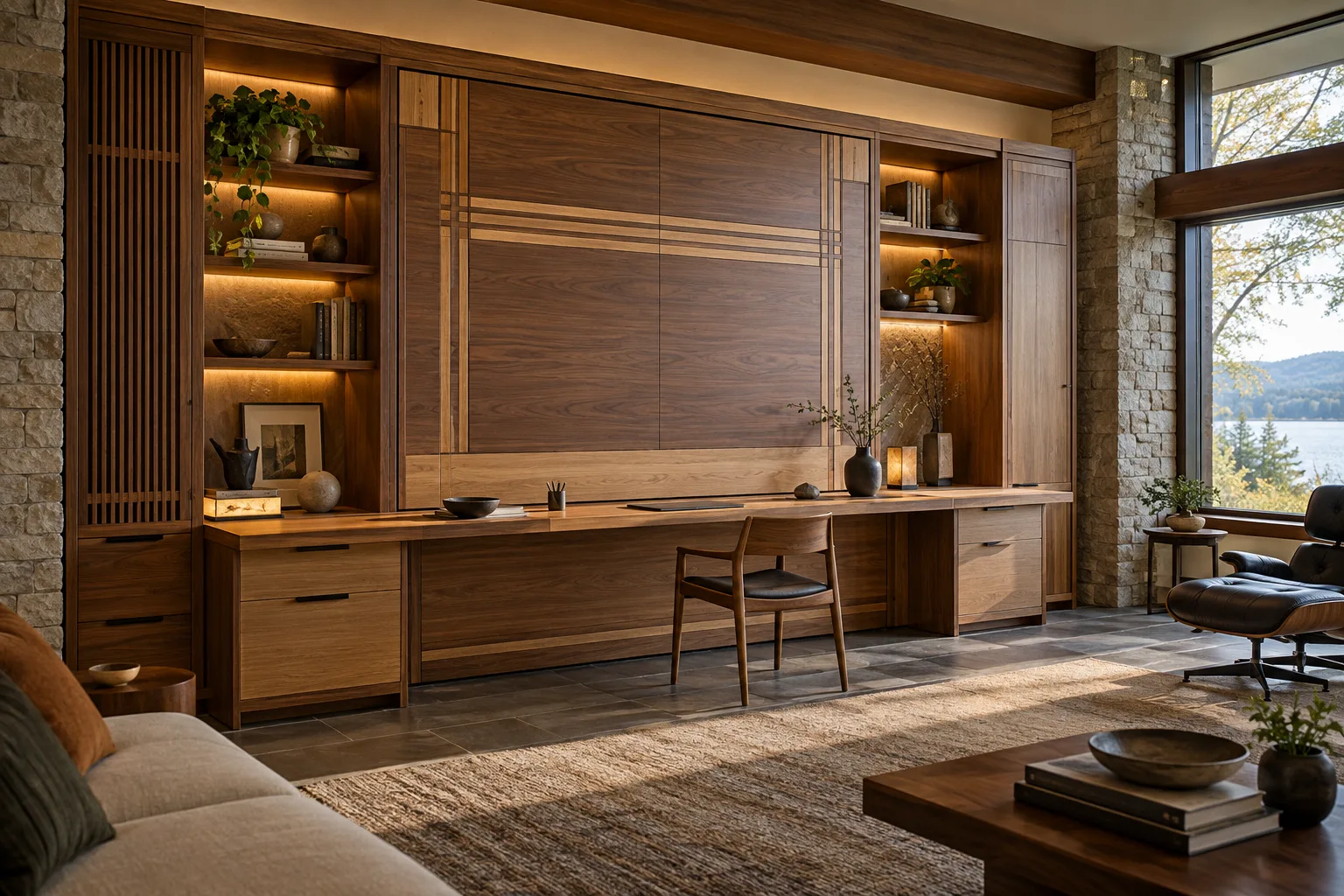 Create a photorealistic interior image of a distinctive Murphy wall bed inspired by Frank Lloyd Wright, shown closed as an elegant wood cabinet with g...