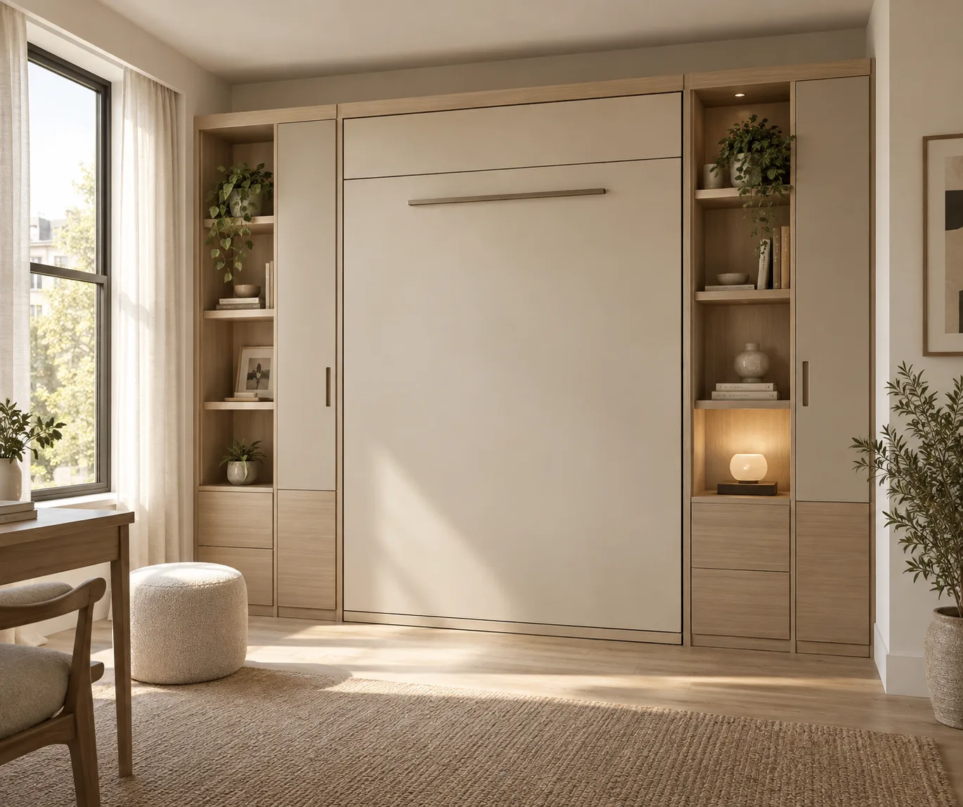 Create a realistic interior scene featuring a single modern Murphy wall bed as the focal object, shown closed within a sleek built-in cabinet, with su...