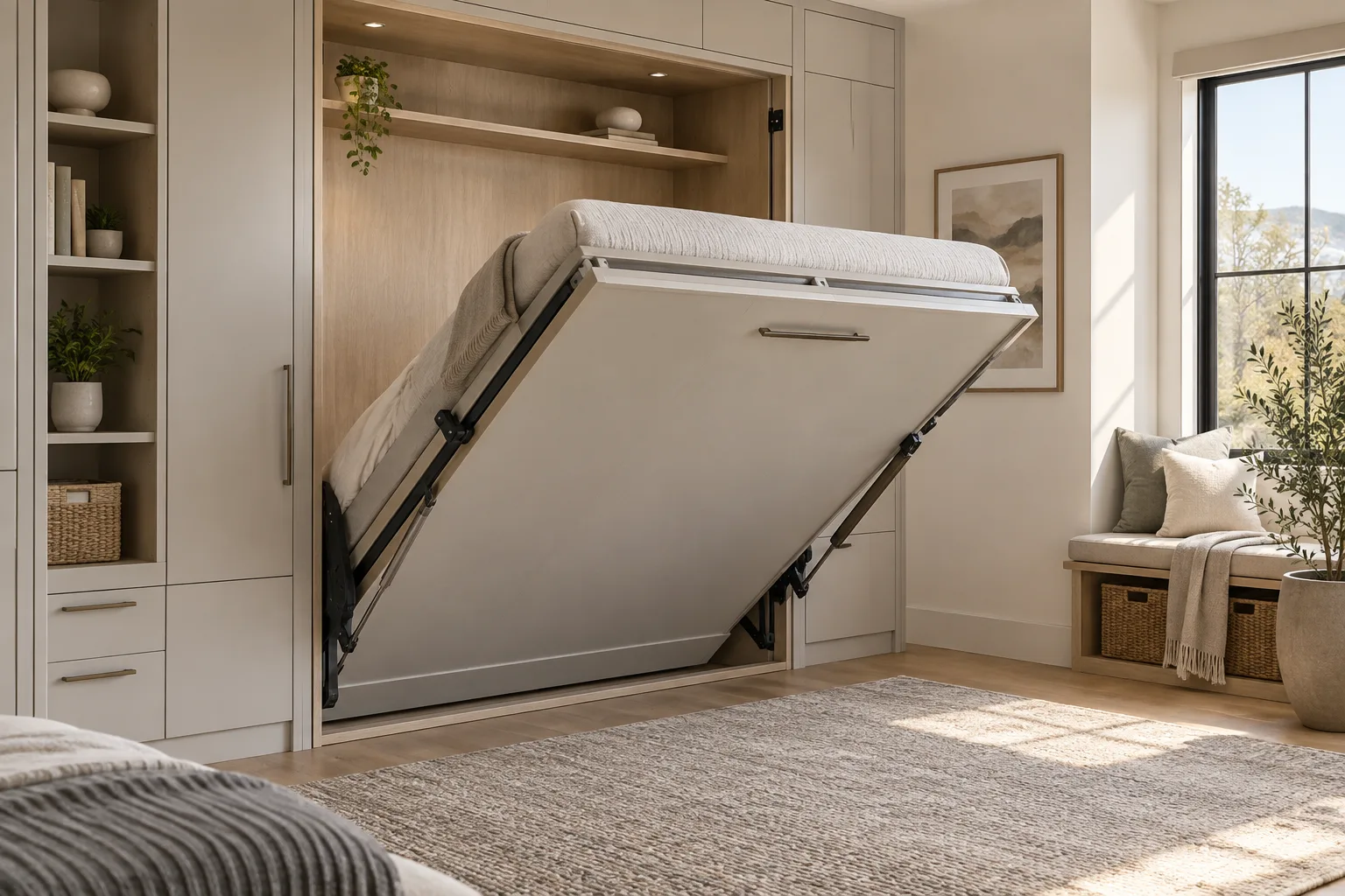 Photorealistic editorial image of a modern Murphy wall bed partially folded into a sleek built-in cabinet in a compact, stylish bedroom, showing its s...