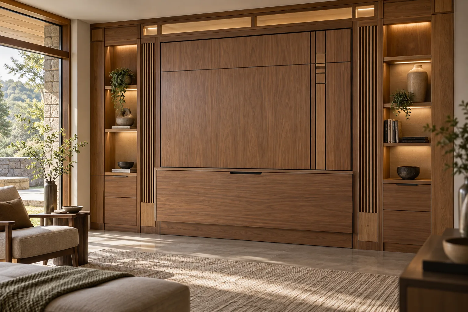 Photorealistic interior featuring a Frank Lloyd Wright–inspired Murphy wall bed with an elegant 83-inch fold-down desk, warm natural wood, geometric a...