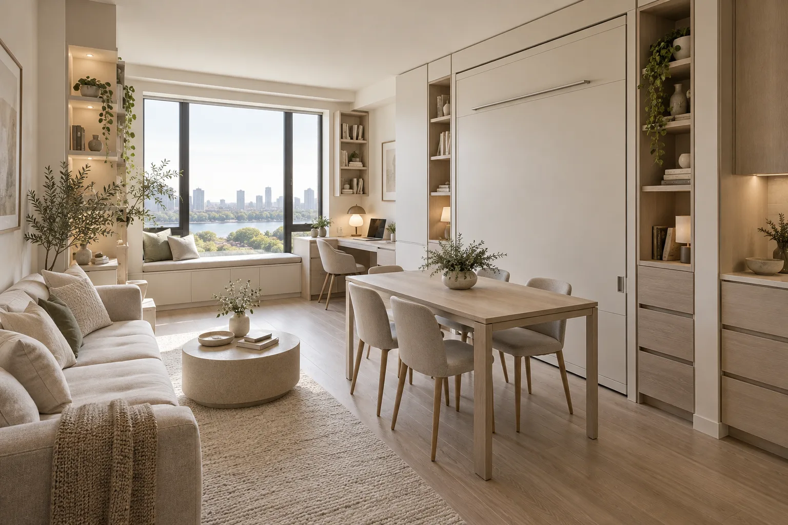 Photorealistic interior scene featuring a sleek wall bed folded into a modern storage cabinet in a bright, compact apartment, with a slim extendable d...