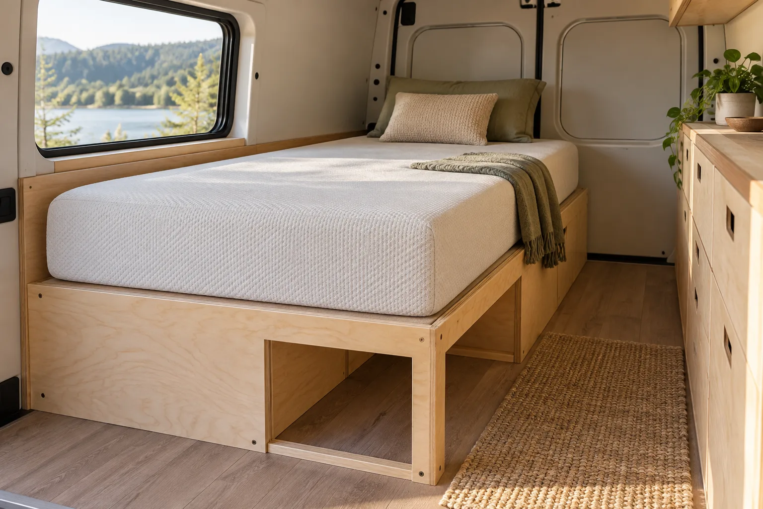 Create a clean editorial product photograph of a standard twin memory-foam mattress resting on a simple plywood bed base, viewed at a slight angle in...