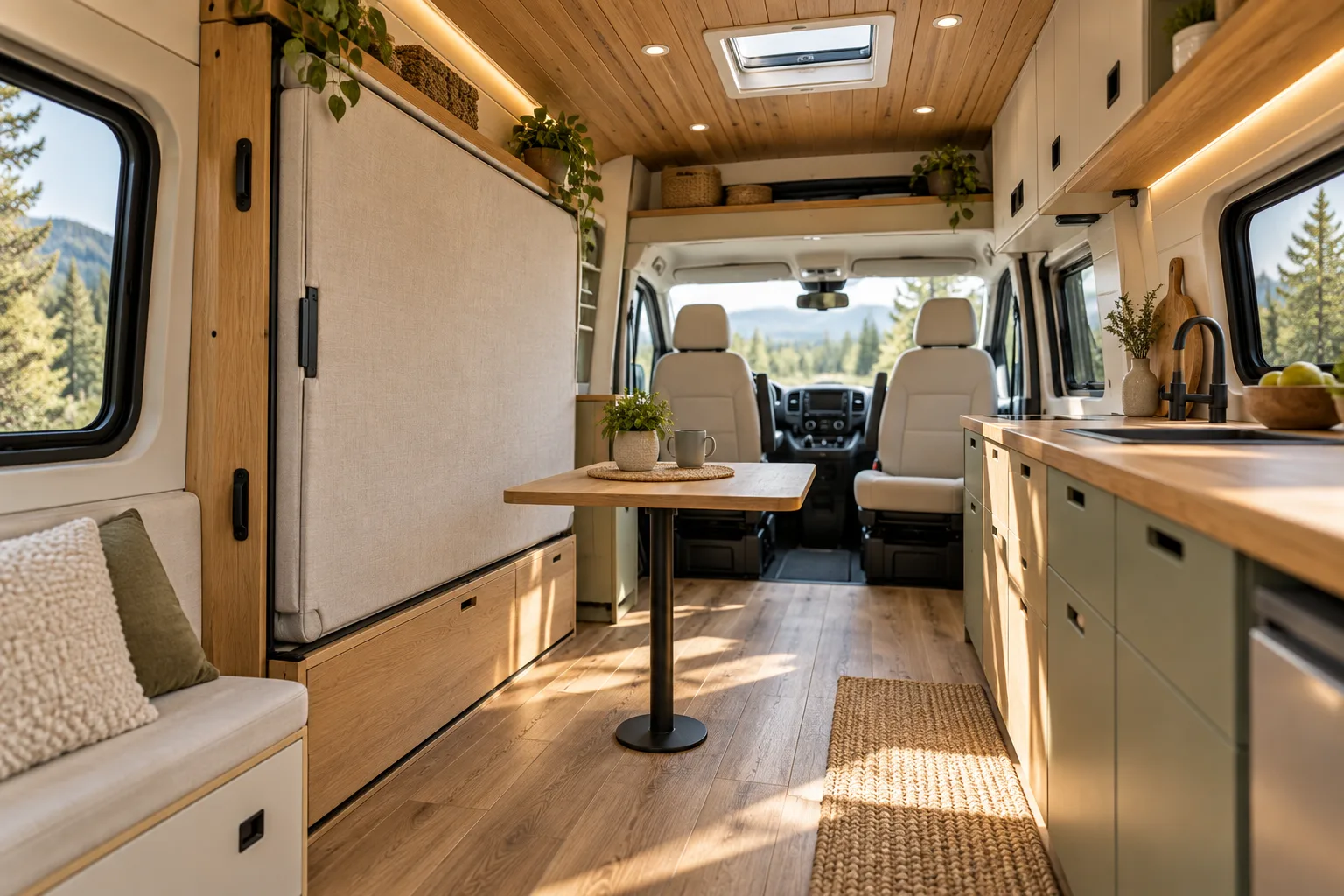Create a photorealistic featured image of a compact camper van interior with a Murphy bed neatly folded upright against the wall, revealing a clear, s...
