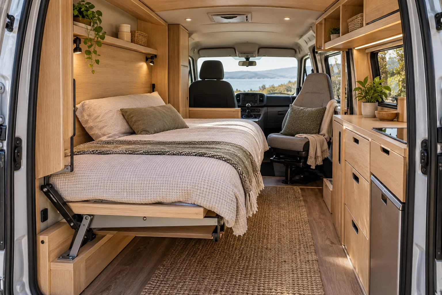 https://www.youtube.com/watch?v=ALQSS-TWyYM - Photorealistic editorial image of a compact Nissan NV200 camper interior featuring a clever Murphy bed folded down with a twin mattress, sturdy space-...