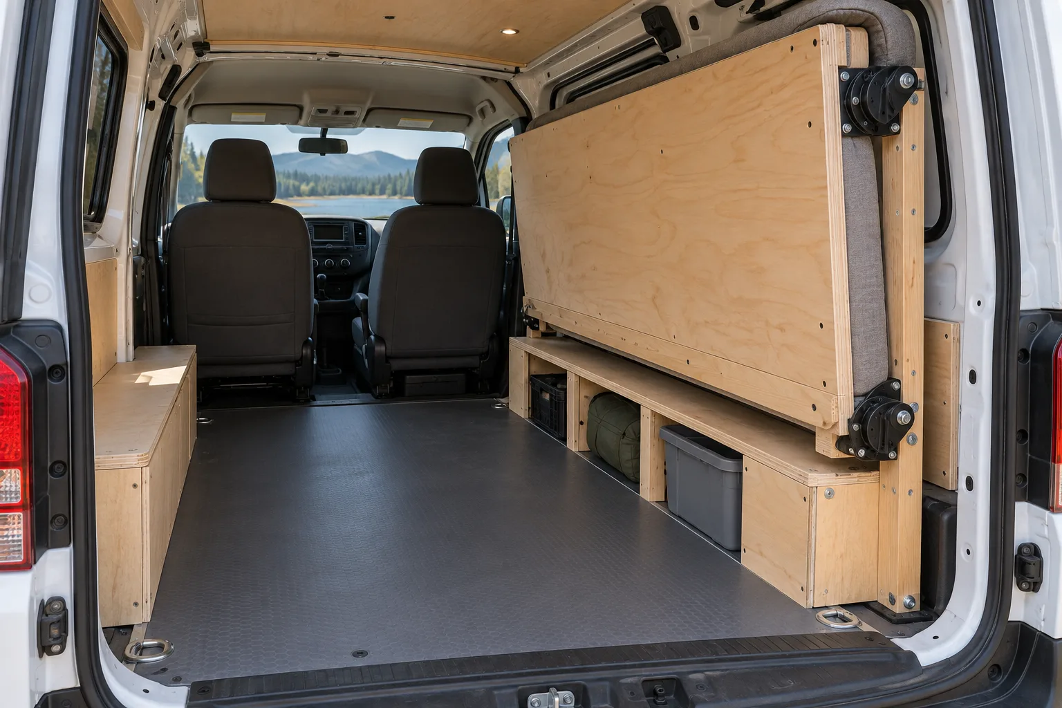 Photorealistic editorial image of a compact Nissan NV200 camper interior with a raised Murphy-style twin bed, 75-by-39-inch plywood platform, simple l...
