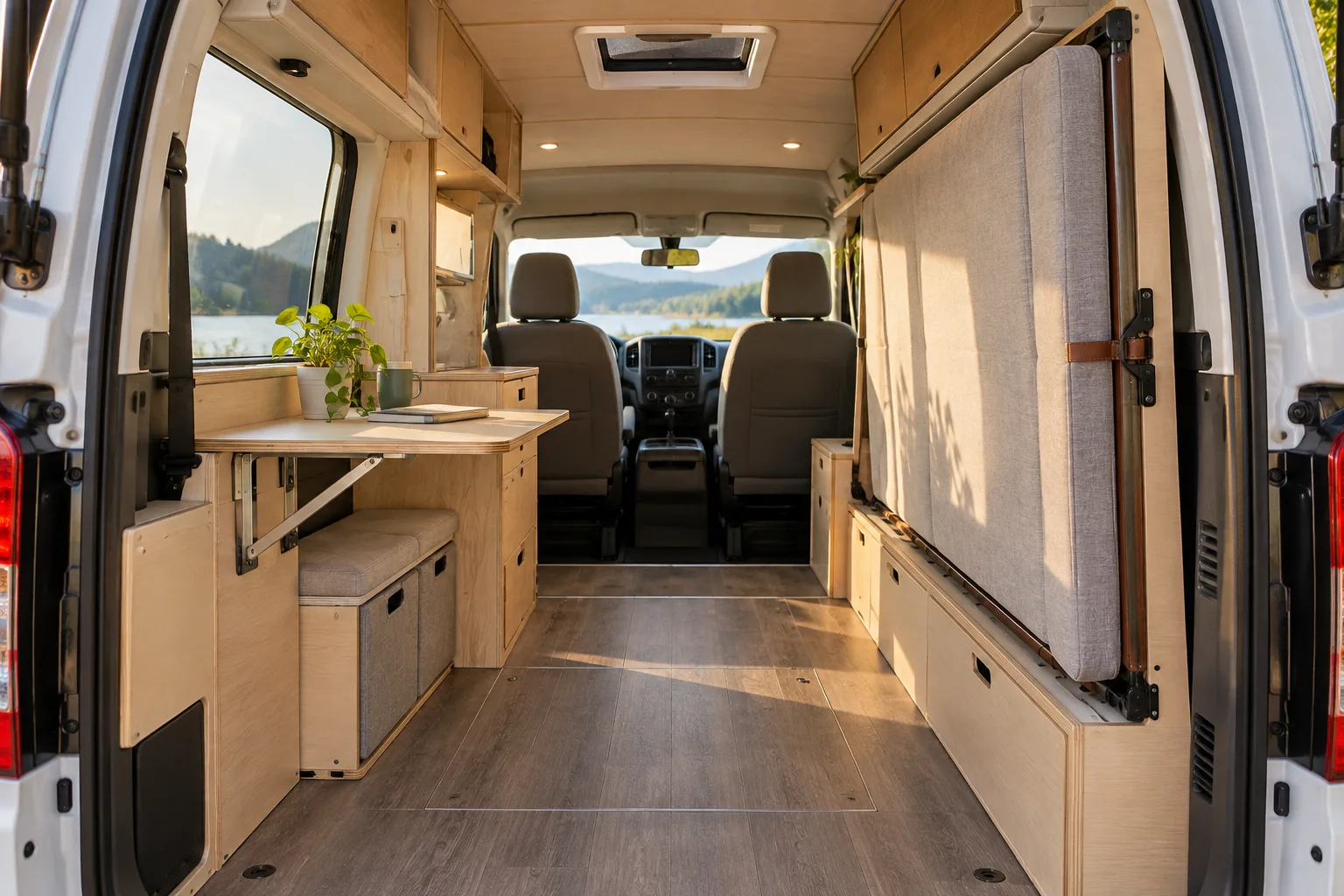 Photorealistic editorial image of a compact Nissan NV200 camper van interior with a twin Murphy-style bed folded upright against the side wall, reveal...